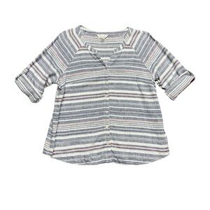 Christopher‎ & Banks Blue Striped Linen Blend Shirt V-Neck Size Large Coastal